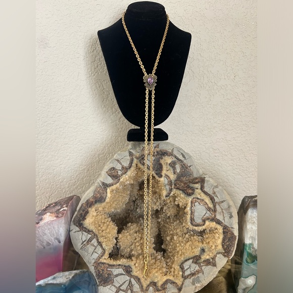 Sterling Silver with Amethyst gem on gold chain lanyard - Picture 3 of 11